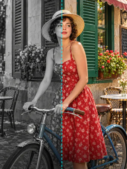 1950s street photo of a woman with a bicycle, black and white on one side of a dashed line and in color on the other