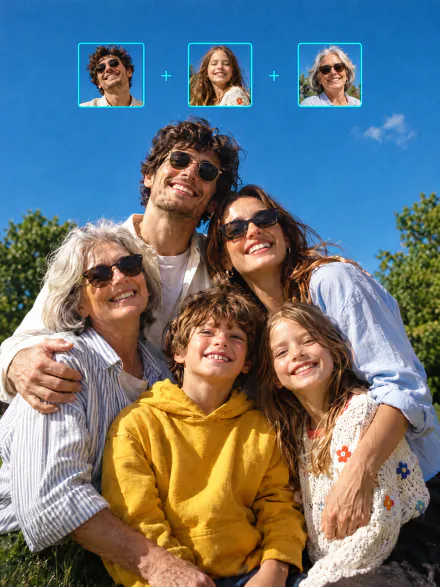 Family of five in a park with three separate portrait photos joined by plus signs above them