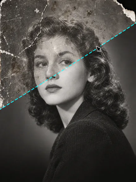 Black-and-white portrait of a woman from the 1940s, cracked above a dashed line and repaired below it