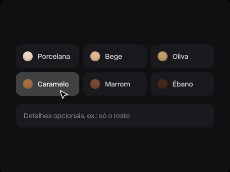 Seis opções de tom de pele com Caramelo escolhido e o campo de detalhes