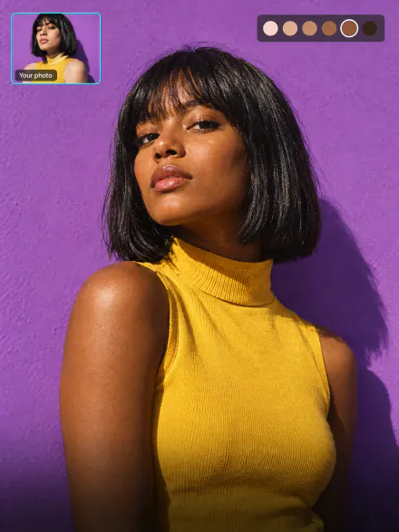 Woman with her skin changed to a deep brown tone, her original photo and the skin tone swatches above