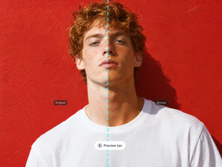 Red-haired man split down the face: pale original skin on one side, a bronze tan on the other