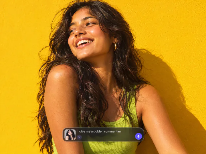 Laughing woman with a golden summer tan and a prompt asking for a golden tan