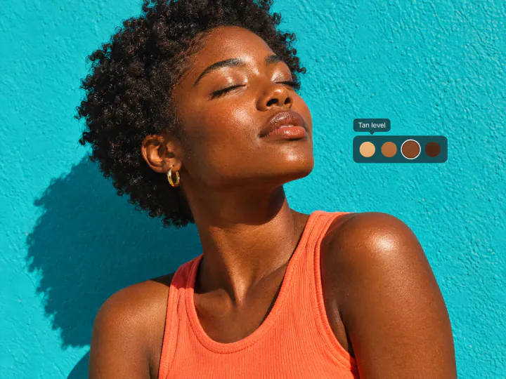 Woman with deep brown skin and a sun-kissed bronze glow next to the tan level swatches