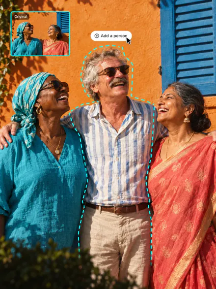 Three friends in front of an orange wall, the man in the middle added to the original photo