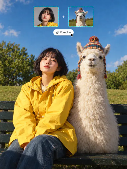Woman and a giant llama on a park bench, combined from two separate photos shown above