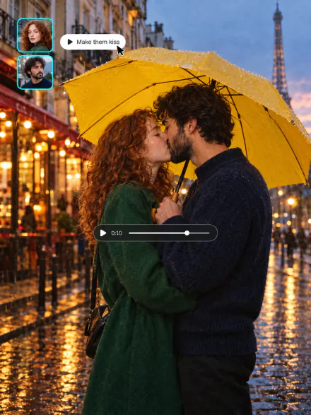 Couple kissing under a yellow umbrella, a video made from two portrait photos