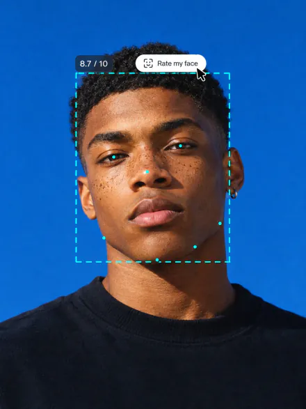 Portrait of a young man with his face framed for scanning and an 8.7 out of 10 score