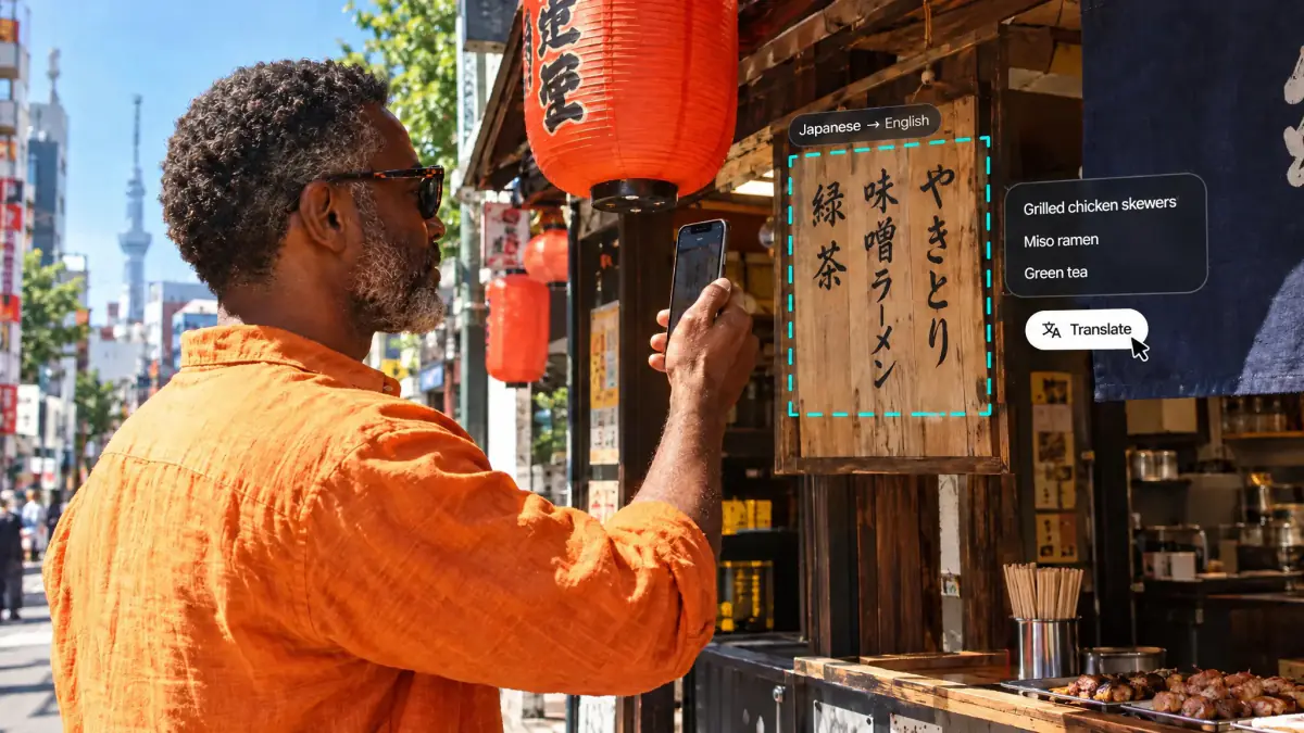 Man photographing a handwritten Japanese menu at a Tokyo food stall, the menu selected and translated into English