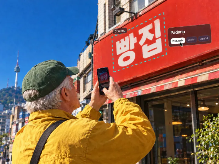 Homem fotografando a placa de uma padaria coreana em Seul, com a tradução para português, inglês e espanhol