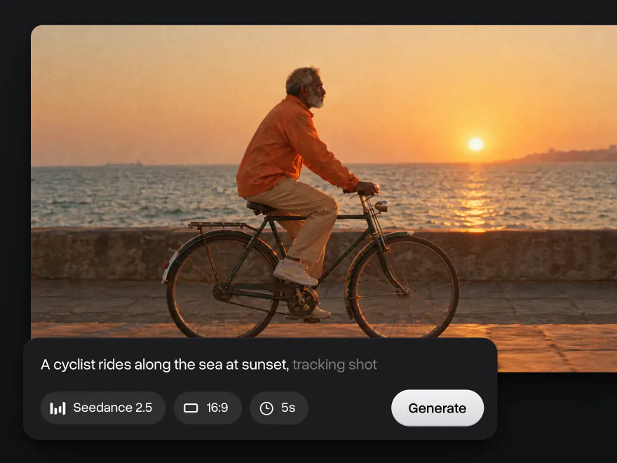 A man in an orange jacket cycling along the sea at sunset, the prompt above him and the video timeline below