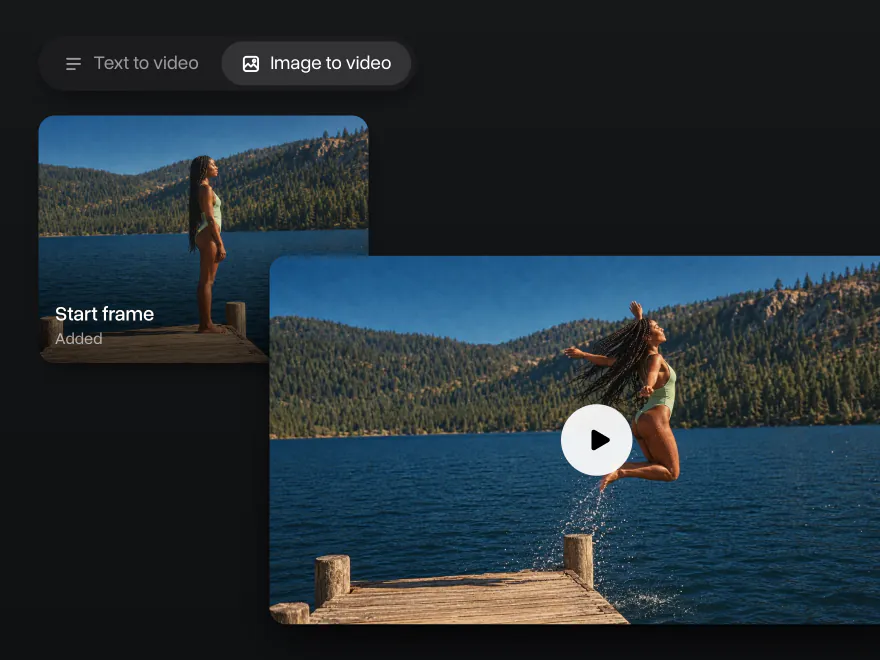 A woman leaping off a jetty into a lake, animated from her still photo shown in the corner