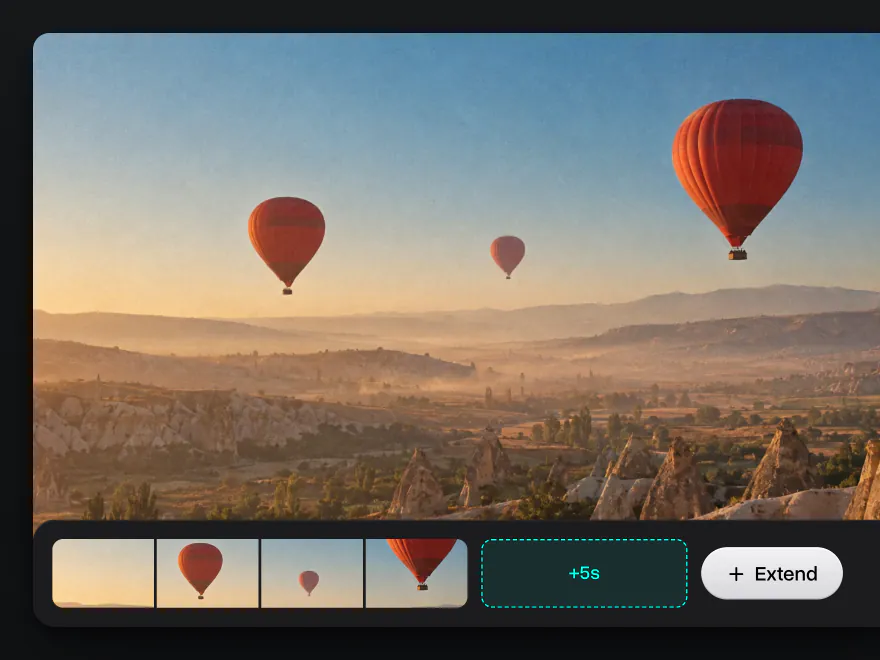 Hot-air balloons over a stone valley, the clip's timeline with a five-second extension added