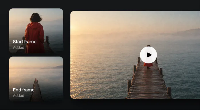 Start frame and End frame tiles with a woman on a pier, and the clip between them in a player