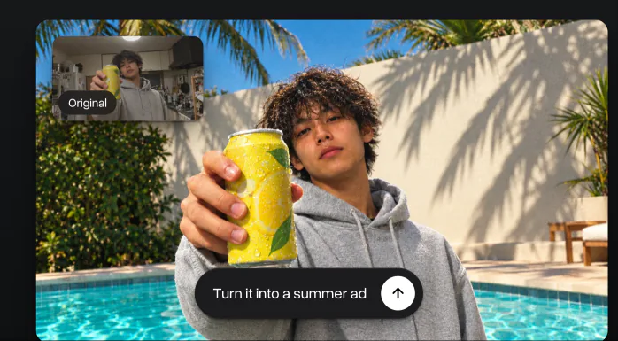 A kitchen snapshot turned into a poolside summer ad, the original in the corner and the edit request below
