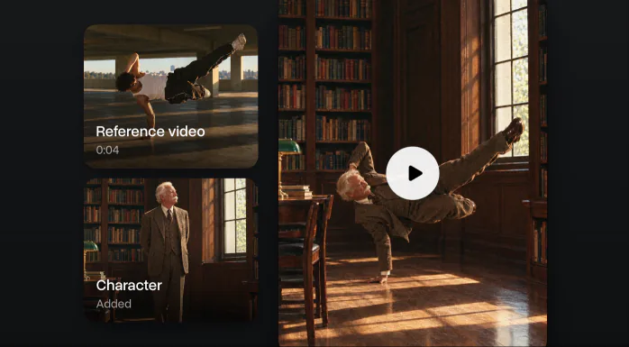 A breakdancer as the reference video, a gentleman in tweed as the character, and the gentleman doing the same freeze in his library