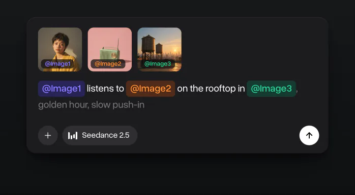 A prompt with three attached pictures, a woman, a retro radio and a rooftop, tagged as @Image1, @Image2 and @Image3