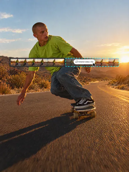 A skateboarder on a desert highway, the clip's timeline with an Extend video +5s segment