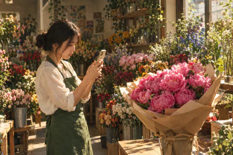 A florist filming a bouquet of pink peonies with her phone in her flower shop