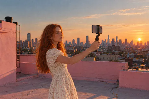 A young woman filming herself with a phone on a gimbal on a pink rooftop at sunset
