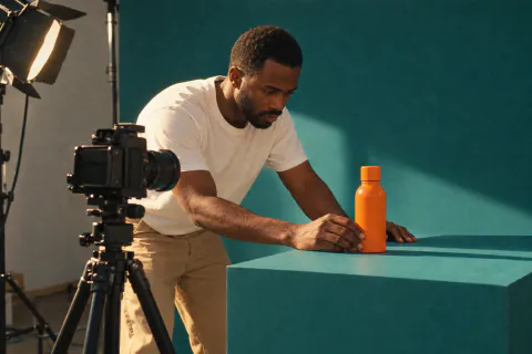 A product photographer setting an orange bottle on a turquoise set under studio lights