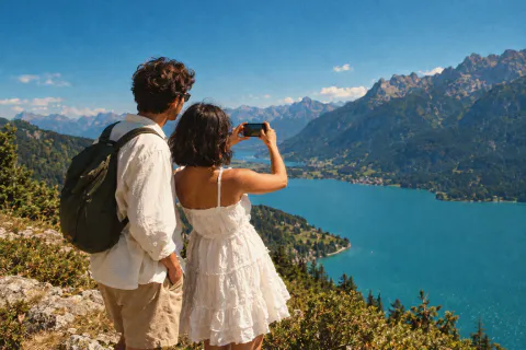 A young couple taking a photo of a turquoise lake from a mountain viewpoint