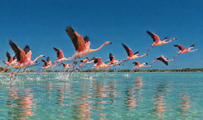 A flock of pink flamingos taking off over a turquoise lagoon