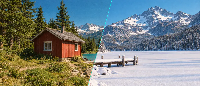 A red cabin by a mountain lake, on the left in summer and on the right in winter snow
