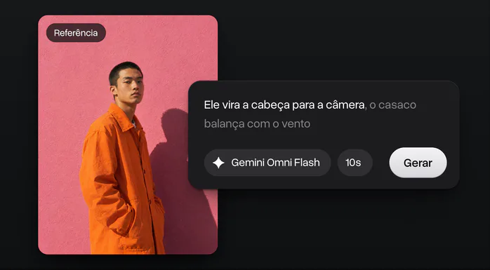 A imagem de um homem de casaco laranja diante de uma parede rosa como referência, com um prompt, Gemini Omni Flash, 10 segundos e Gerar