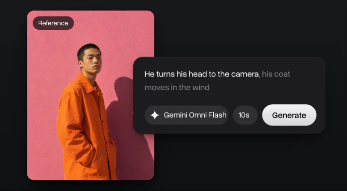 A picture of a man in an orange coat by a pink wall as the reference, with a prompt, Gemini Omni Flash, 10 seconds and Generate