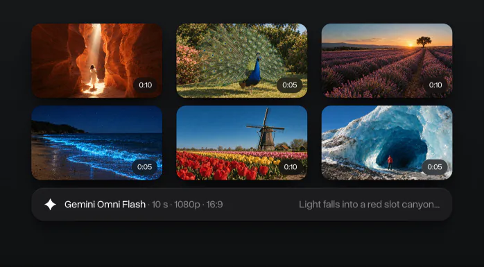The video history: six clips with their lengths, and the prompt and settings of one of them