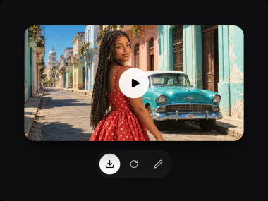 The generated video of the woman in the red dress walking in Old Havana, with a play button and its download, new take and edit buttons