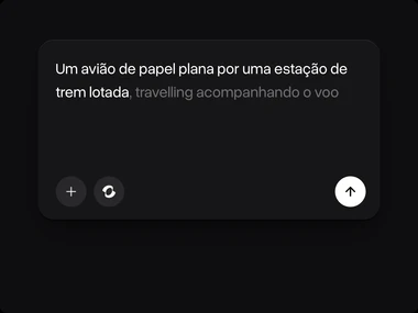 Um prompt sobre um avião de papel planando por uma estação de trem lotada, com o botão de enviar