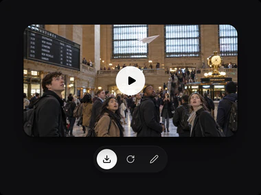 O vídeo gerado do avião de papel com o botão de play e os botões de baixar, nova versão e editar