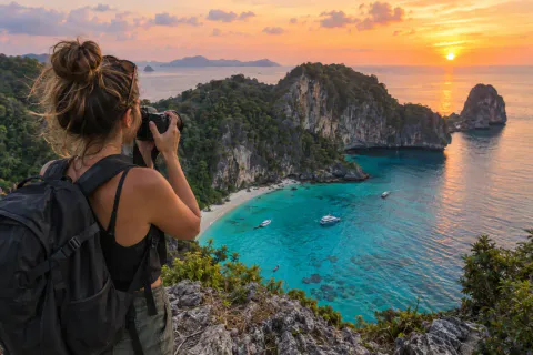 Uma criadora de viagem com uma câmera num penhasco sobre uma baía turquesa ao pôr do sol