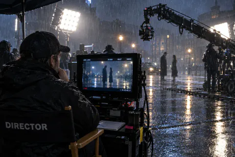 Um diretor olhando o monitor num set de filmagem noturno e chuvoso, com refletores e uma grua