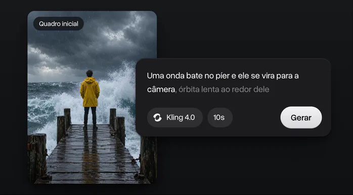 Uma imagem de um homem de capa de chuva amarela num píer durante uma tempestade como quadro inicial, com um prompt, Kling 4.0, 10 segundos e Gerar