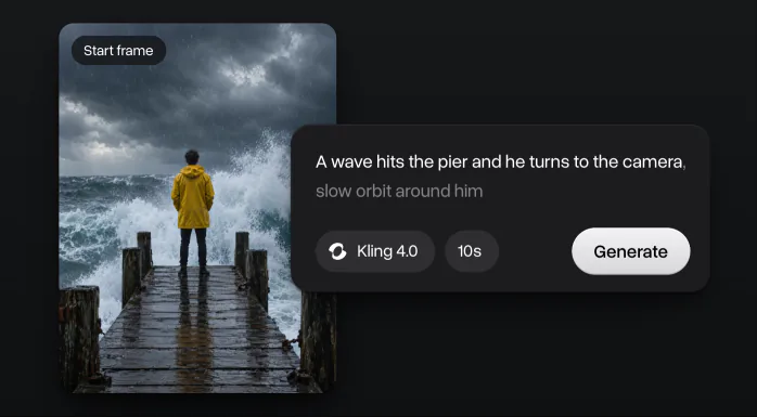A picture of a man in a yellow raincoat on a pier in a storm as the start frame, with a prompt, Kling 4.0, 10 seconds and Generate