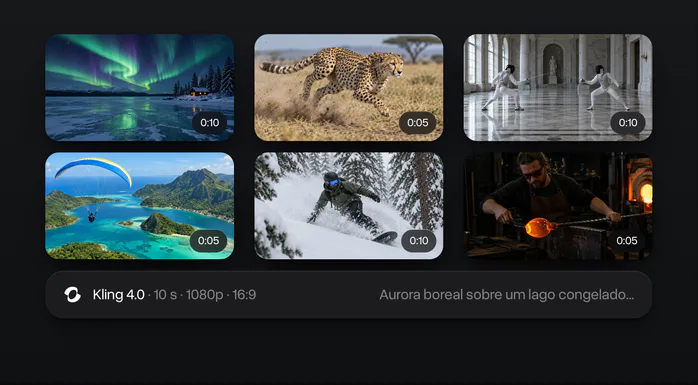 O histórico de vídeos: seis clipes com a duração de cada um, e o prompt e as configurações de um deles