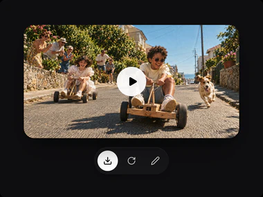 O vídeo gerado da corrida de carrinhos com o botão de play e os botões de baixar, nova versão e editar