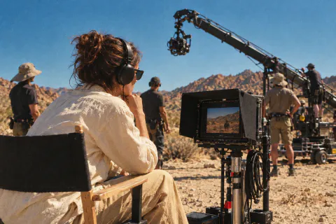 A film director with headphones watching a monitor on a desert film set