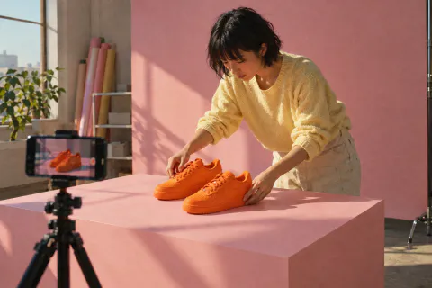 A marketer setting orange sneakers on a pink product table in a small studio