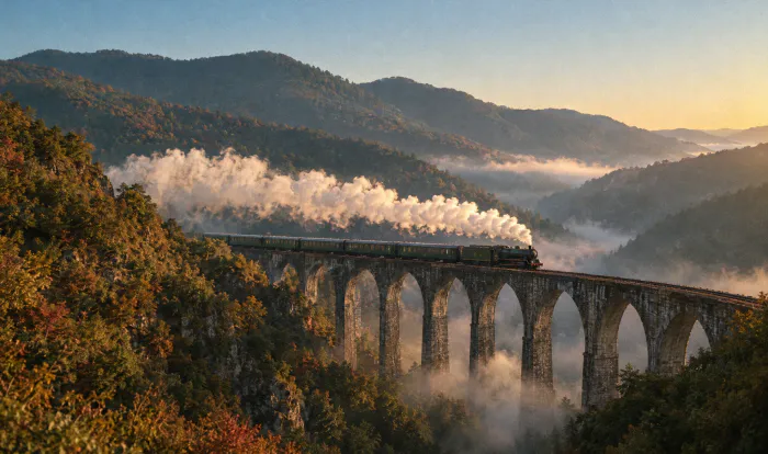An old steam train crossing a stone viaduct over a misty gorge at dawn