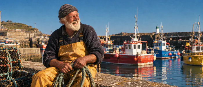 An old fisherman laughing and talking on a harbour wall