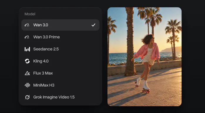 The video model menu with Wan 3.0 ticked above Wan 3.0 Prime, Seedance 2.5, Kling 4.0, Flux 3 Max, MiniMax H3 and Grok Imagine Video 1.5