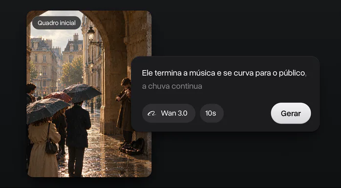 A foto de um violinista de rua sob um arco na chuva como quadro inicial, com um prompt, Wan 3.0, 10 segundos e Gerar