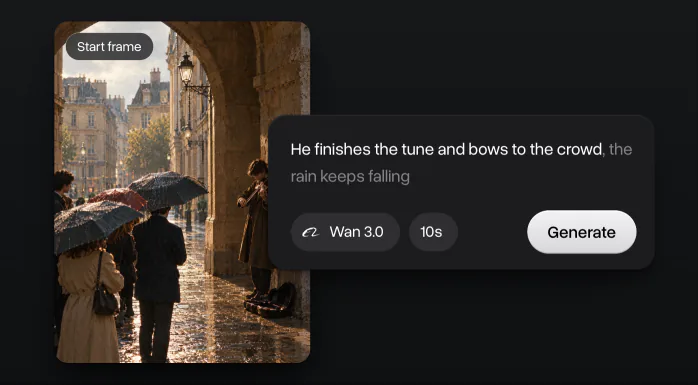 A picture of a street violinist under an arch in the rain as the start frame, with a prompt, Wan 3.0, 10 seconds and Generate