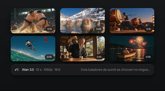 O histórico de vídeos: seis clipes com a duração de cada um, e o prompt e as configurações de um deles