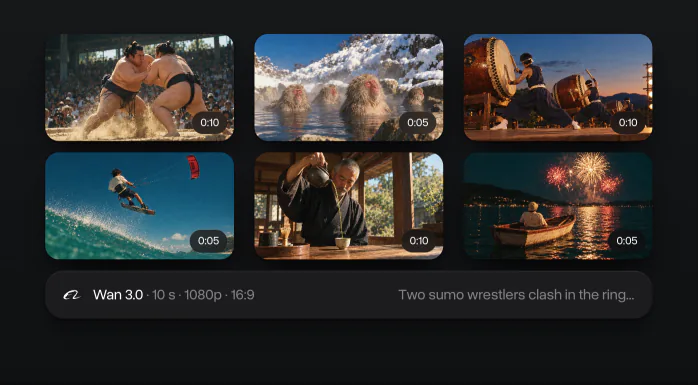 The video history: six clips with their lengths, and the prompt and settings of one of them